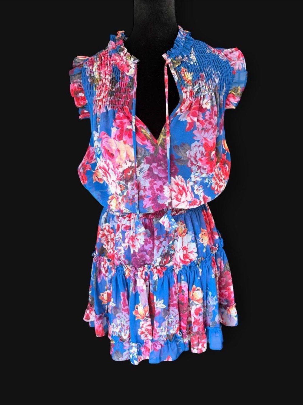MISA Los Angeles Blue Floral Smocked Ruffle Tiered Mini Dress Medium - Picture 2 of 5